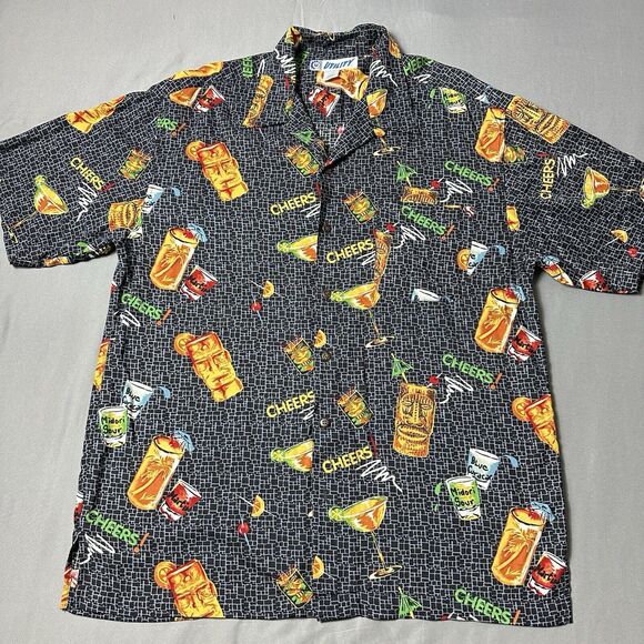 Vtg Utility Shirt Men Large Hawaiian Cocktails Cheers Spirits Button Up Tiki - Picture 1 of 8